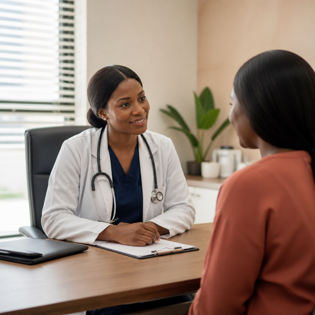 A Nigerian clinician in consultation with a patient
