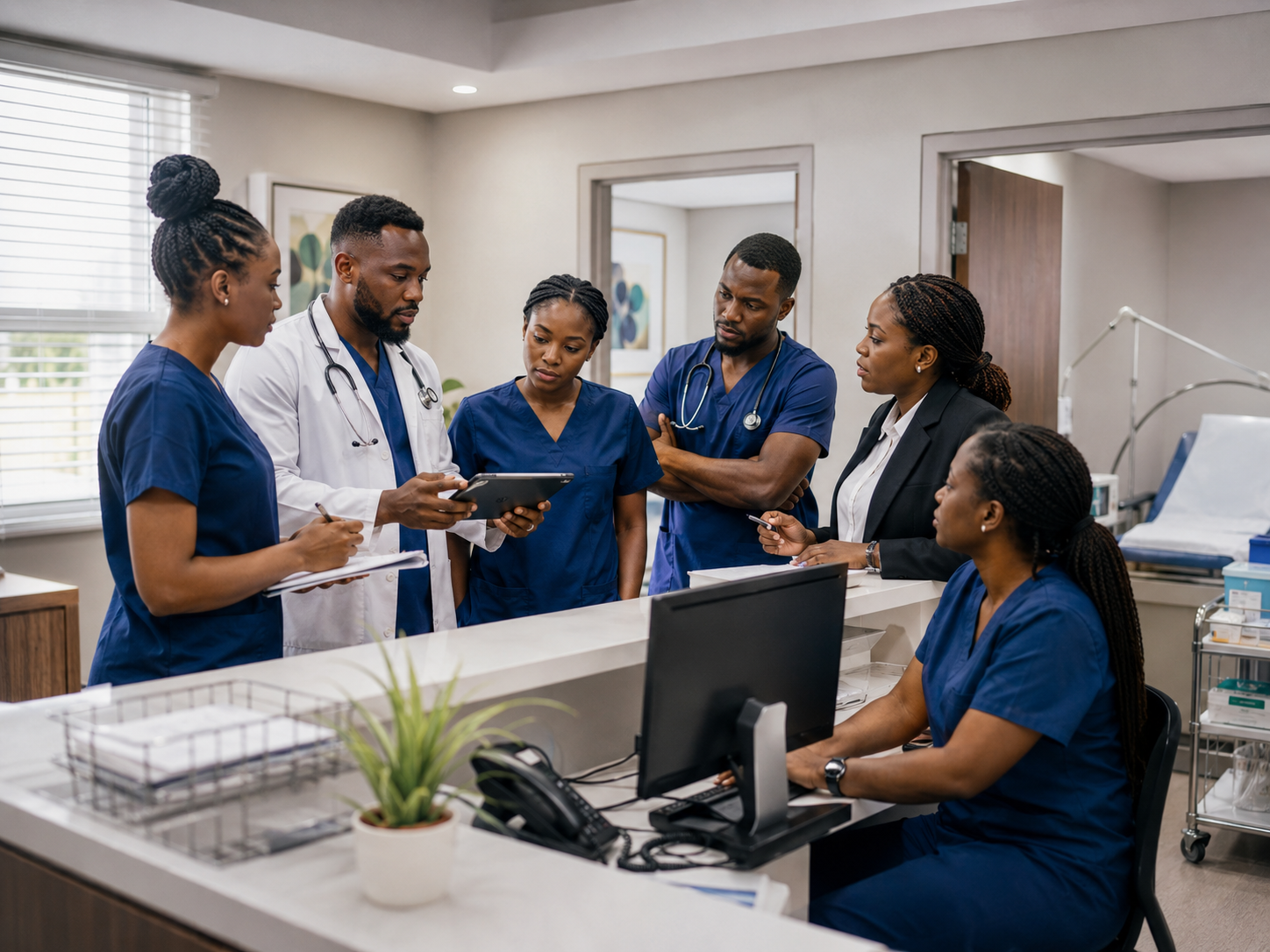 A care team reviewing a patient's care together around a shared tablet