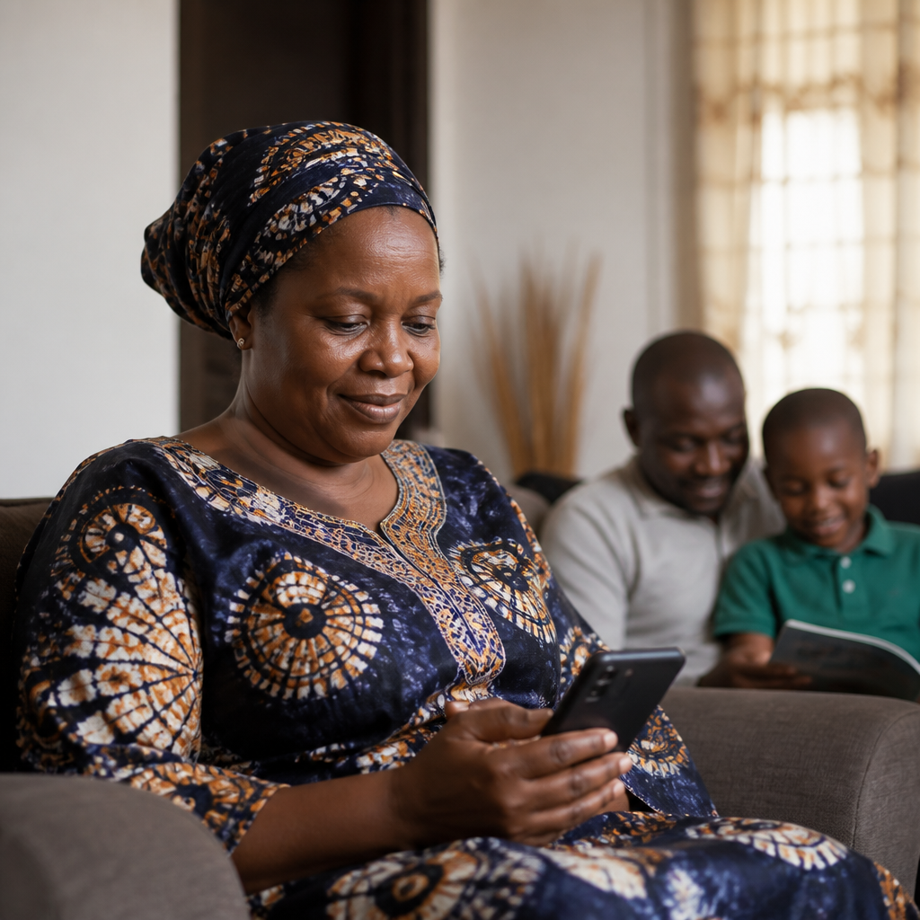 A patient and their family at home looking at a phone together